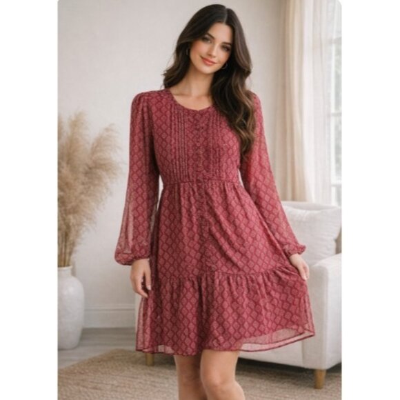 Lucky Brand Dresses & Skirts - Lucky Brand Red Boho LS Mini Shirt Dress Womens Sz M Casual Burgundy Light Weigh